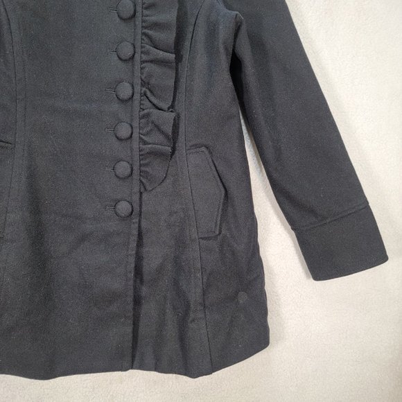 Kimchi Blue Black Wool Ruffled Button High Neck Classic Warm Pea Coat Jacket - Picture 4 of 15